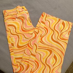 Multi colored High waisted, wide leg flare jeans.